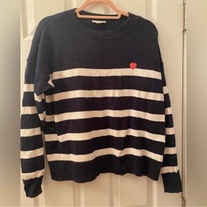 LOFT Navy and White Striped Crewneck Sweater with Red Heart
